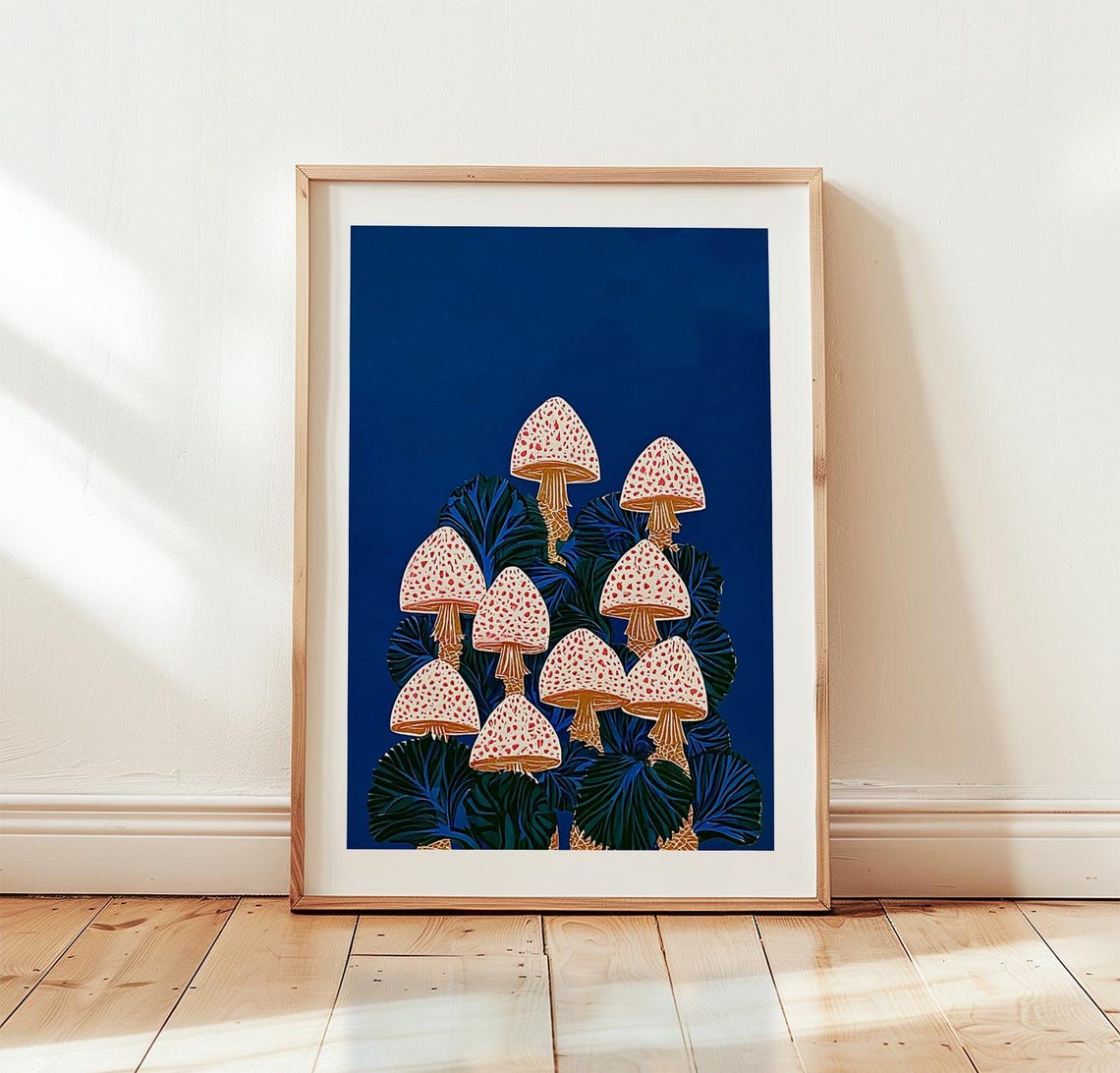 Spotted Mushrooms Deep Navy Woodland Folk Botanical Wall Poster