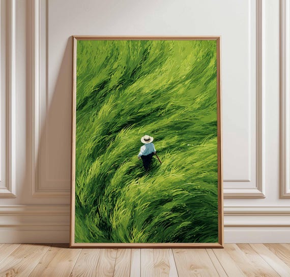 Green Field Farmer Wall Art Print Minimalist Landscape Poster Nature Grass Scene Artwork Peaceful Countryside Decor Modern Zen