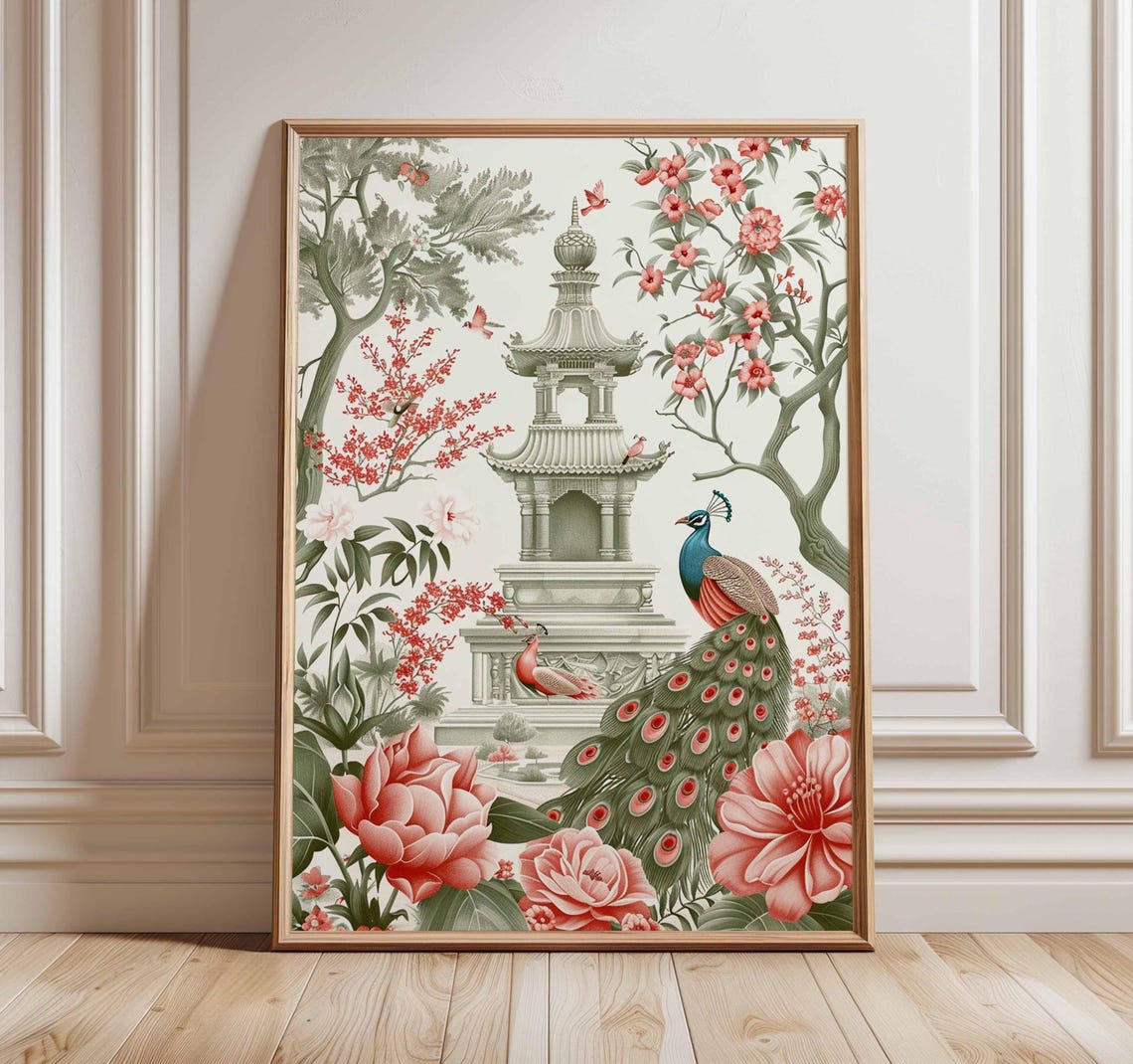 Chinoiserie Peacock Pagoda Pink Peonies Romantic Garden Poster