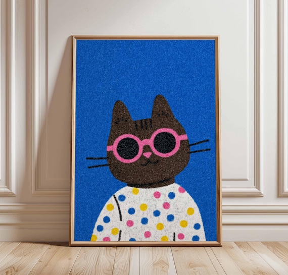 Cool Black Cat with Pink Sunglasses Polka Dot Sweater Wall Art