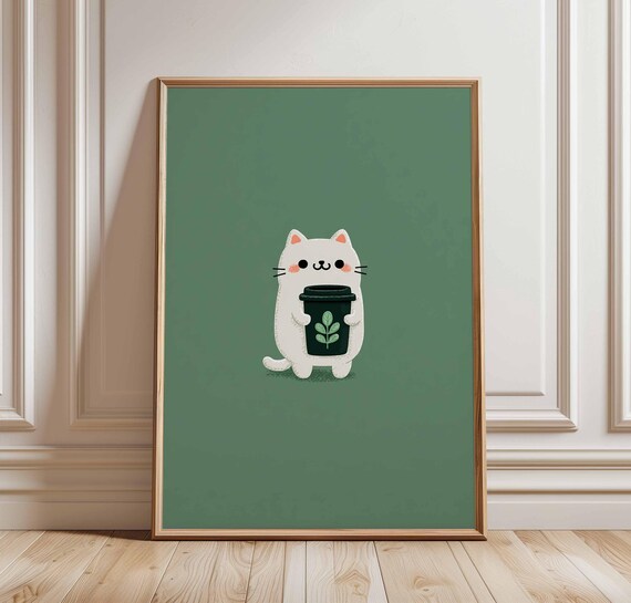 Cute White Cat Holding Coffee Cup Kawaii Minimalist Art Print
