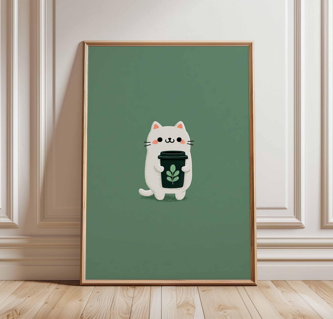 Cute White Cat Holding Coffee Cup Kawaii Minimalist Art Print