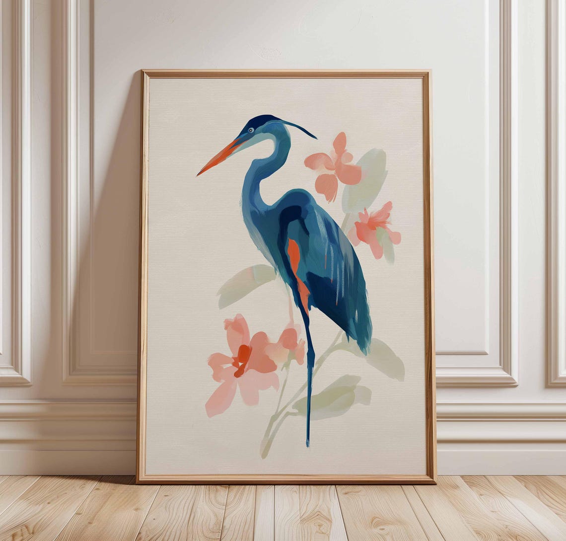 Blue Heron With Coral Flowers Modern Watercolor Bird Art Poster
