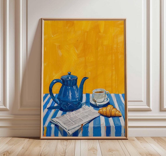 Blue Teapot Coffee Cup Croissant Bold Still Life Kitchen Wall Art