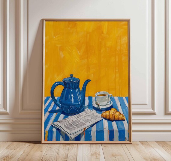 French Coffee Pot Poster Blue Teapot And Croissant Wall Art Print Modern Kitchen Still Life Artwork Bold Caf Breakfast Decor