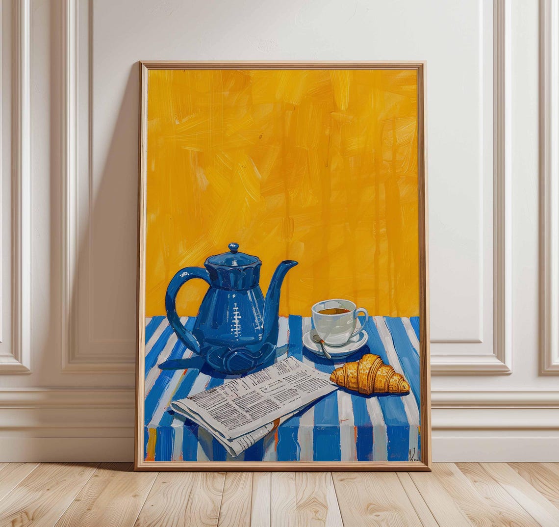 Blue Teapot Coffee Cup Croissant Bold Still Life Kitchen Wall Art