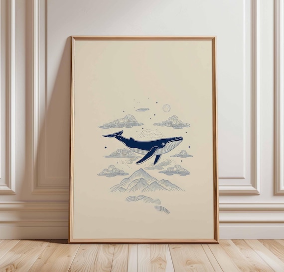 Flying Whale Poster Surreal Ocean Art Print Minimalist Wall Dreamy Cloud Illustration Navy Blue Line Decor