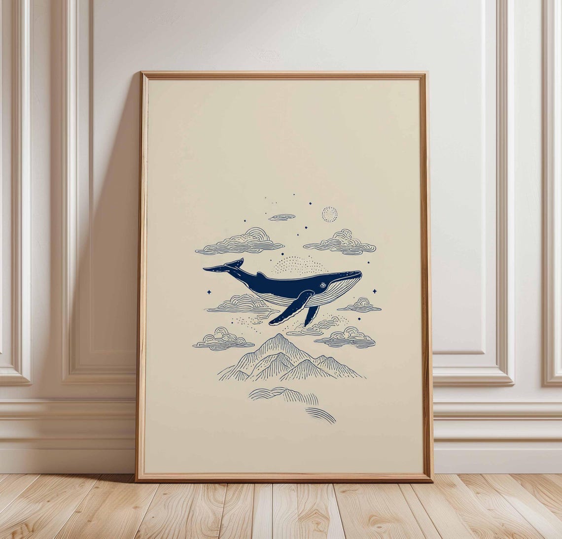 Whale Swimming Through Clouds Above Mountains Navy Line Art Poster