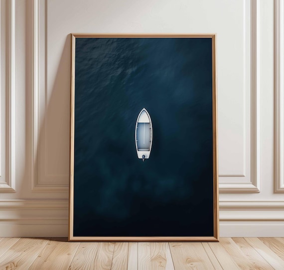 Minimalist Aerial Boat On Dark Ocean Solitude Coastal Decor Poster