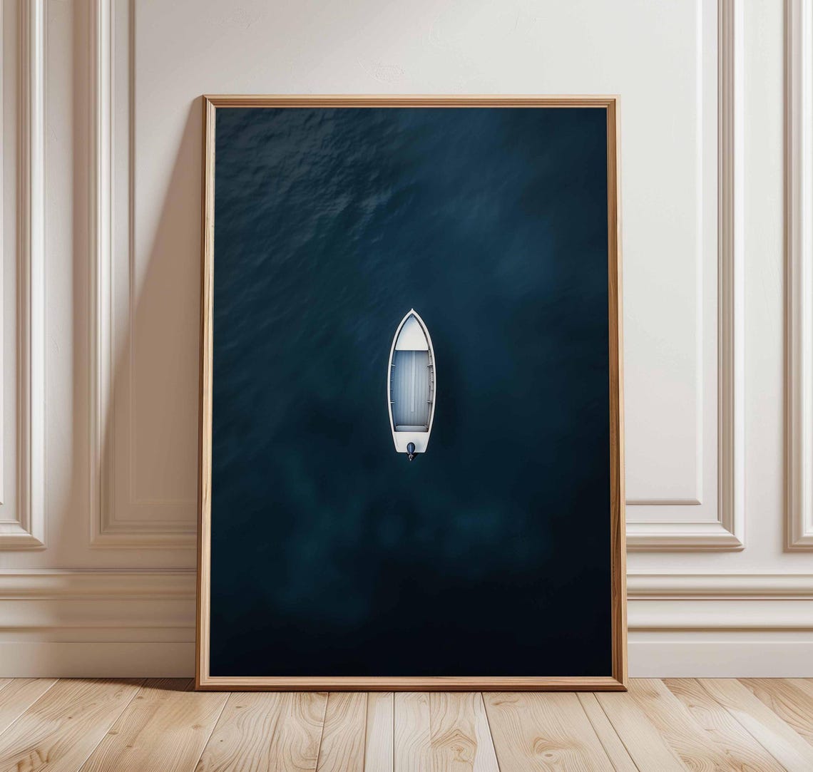 Minimalist Aerial Boat On Dark Ocean Solitude Coastal Decor Poster