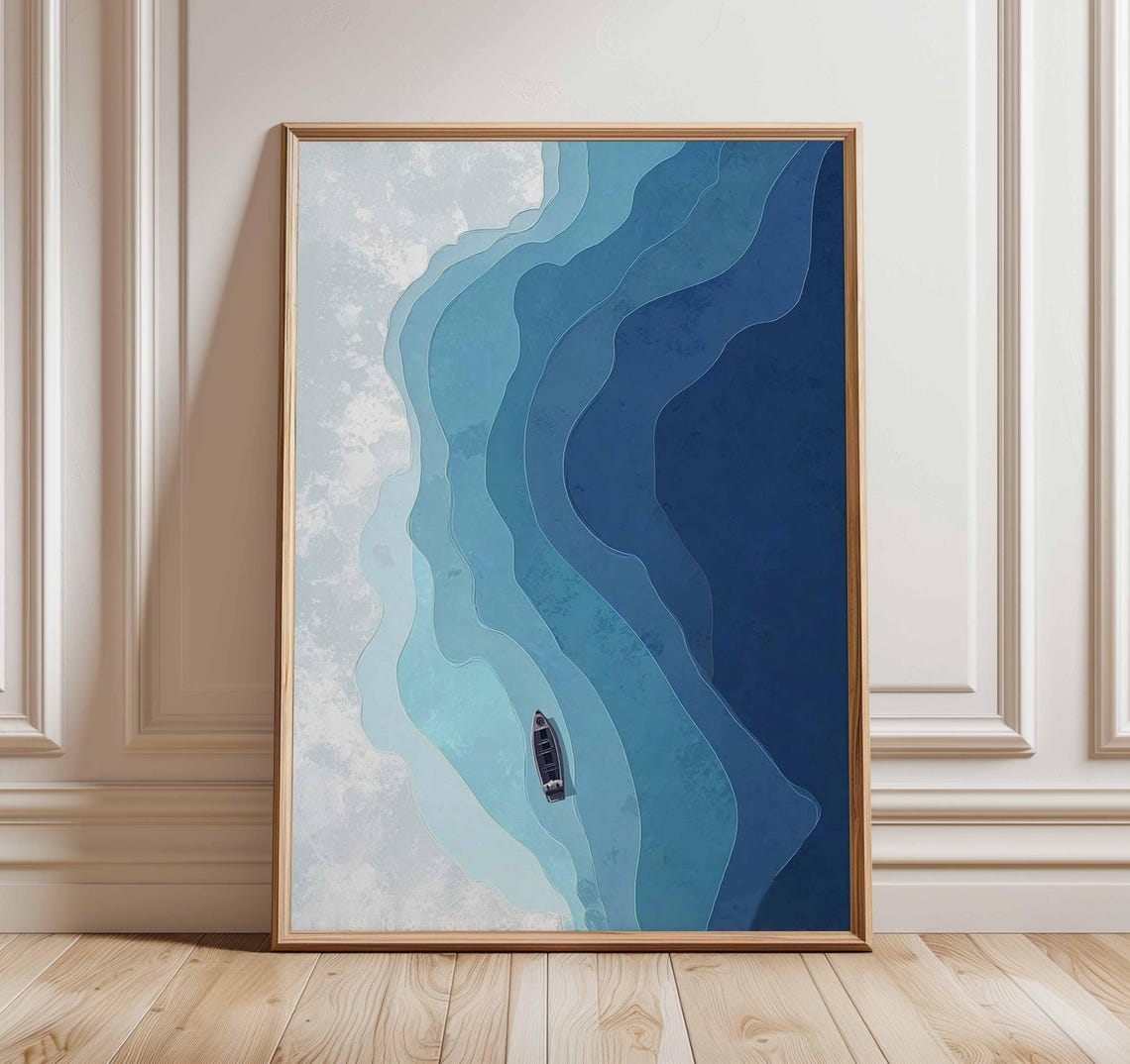 Minimalist Abstract Ocean Waves Aerial Blue Boat Modern Art Print