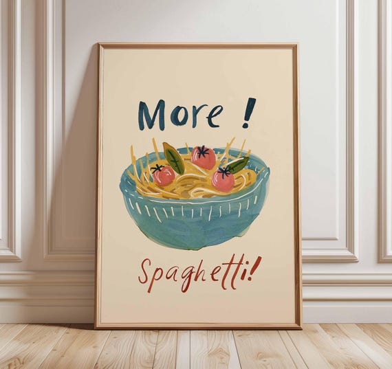 Spaghetti Pasta Poster Print Fun Kitchen Wall Art Colorful Italian Food Illustration With Bowl Of And Tomatoes