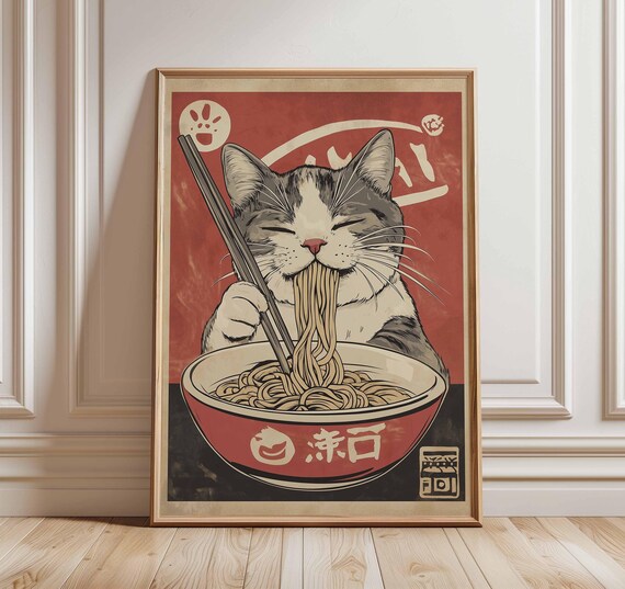 Happy Tabby Cat Slurping Ramen Noodles Retro Japanese Style Poster