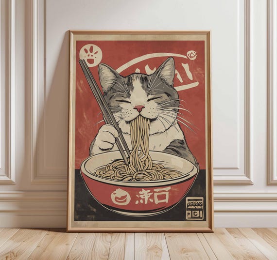 Japanese Ramen Cat Poster Print Cute Anime Style Noodle Bowl Wall Art Retro Food Illustration Funny Kitchen Decor