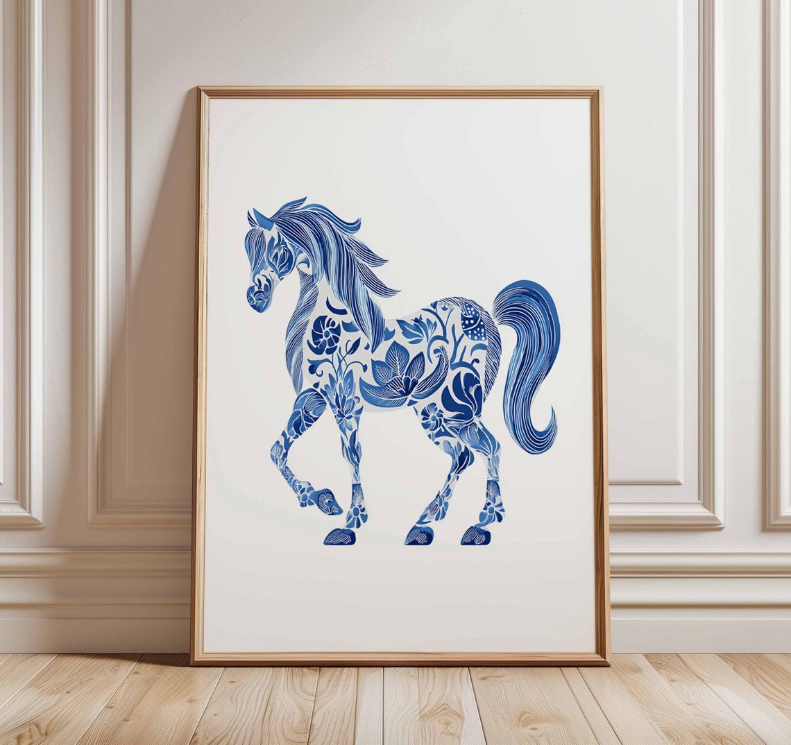 Blue Floral Horse Elegant Botanical Chinoiserie Style Poster