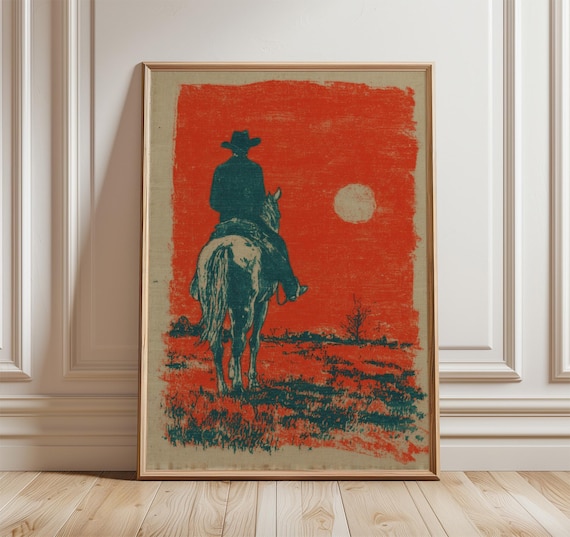 Cowboy Riding Horse Sunset Silhouette Western Desert Art Poster
