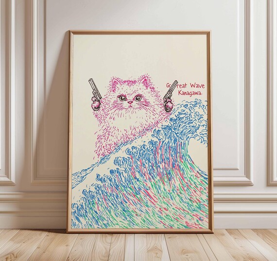 Funny Pink Cat With Twin Guns Great Wave Kanagawa Parody Poster Art