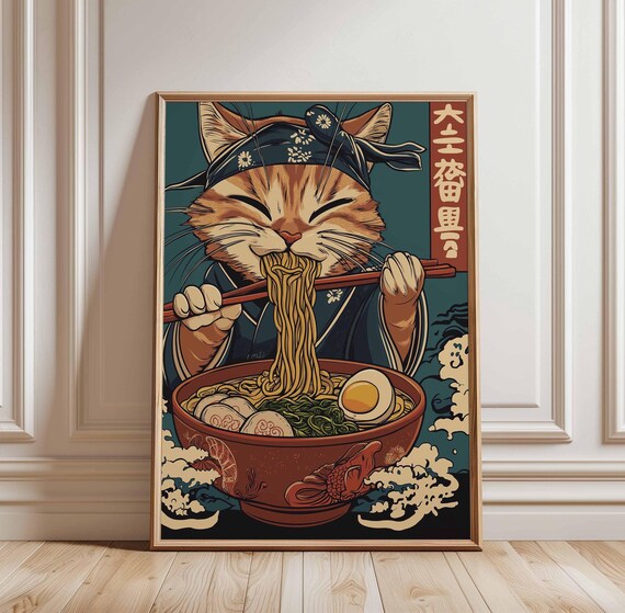 Samurai Cat in Kimono Slurping Ramen Noodles Japanese Warrior Poster