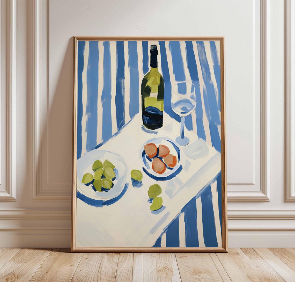 Mediterranean Wine And Fruit Blue Striped Tablecloth Still Life Poster