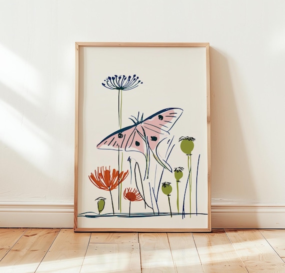 Pink Luna Moth Botanical Poppy Poster