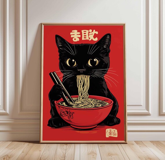 Bold Red Rising Sun Black Cat Slurping Ramen Noodles Japanese Poster