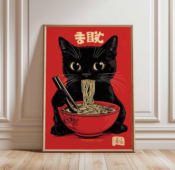 Cute Cat Noodle Print Black Ramen Poster Japanese Food Art Kawaii Asian Wall Decor Bowl Kitchen
