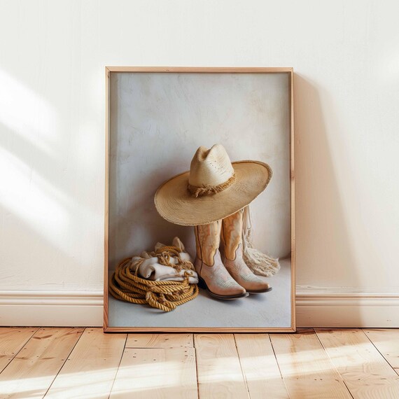 Rustic Cowgirl Boots Hat Lasso Print Western Ranch Wall Art Rodeo Cowboy Decor Country Girl Poster Neutral