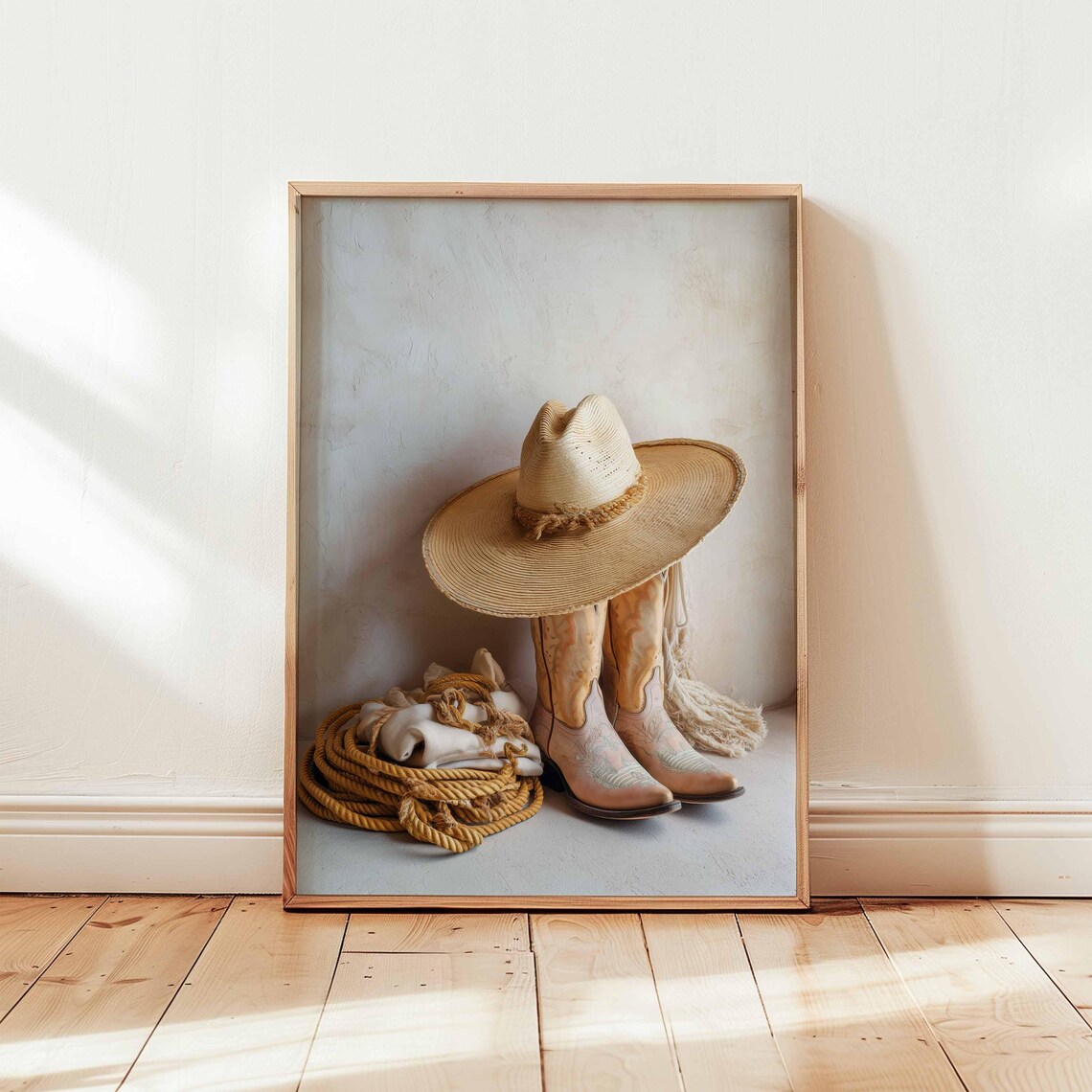 Rustic Cowboy Hat Lasso Boots Neutral Ranch Still Life Western Wall Art