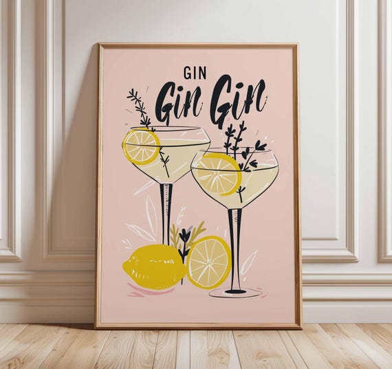 Gin Cocktail Poster Print Modern Bar Wall Art With Lemons And Herbs Fun Retro Drink Illustration For Kitchen Home Decor