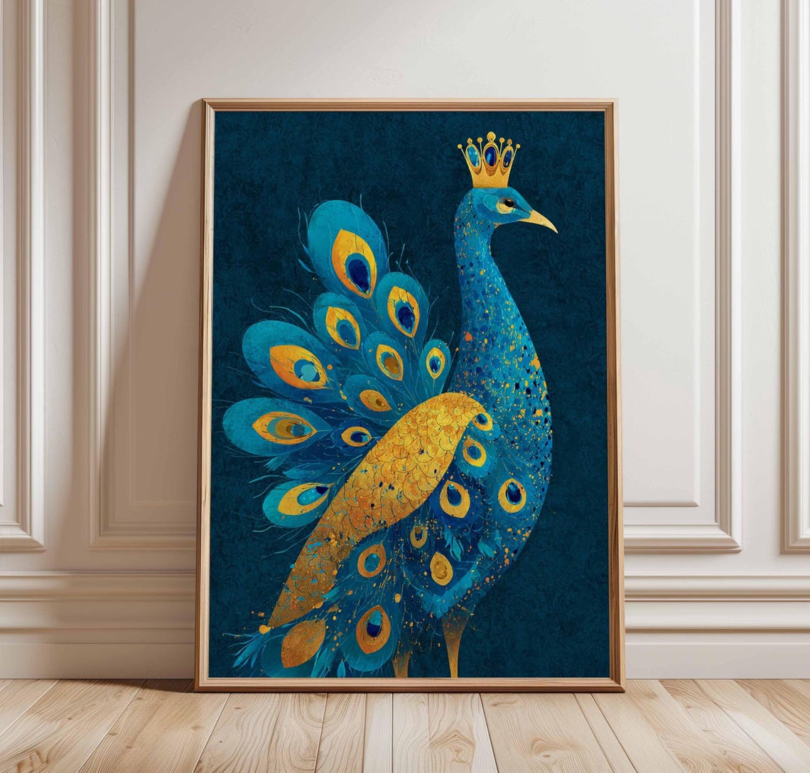 Royal Blue And Gold Crowned Peacock Majestic Bird Feather Poster