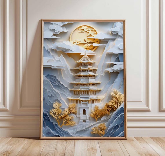 Japanese Temple Papercut Art Print Mountain Scenery And Moon Poster 3d Layered Paper Unique Asian Decor Pagoda Wall