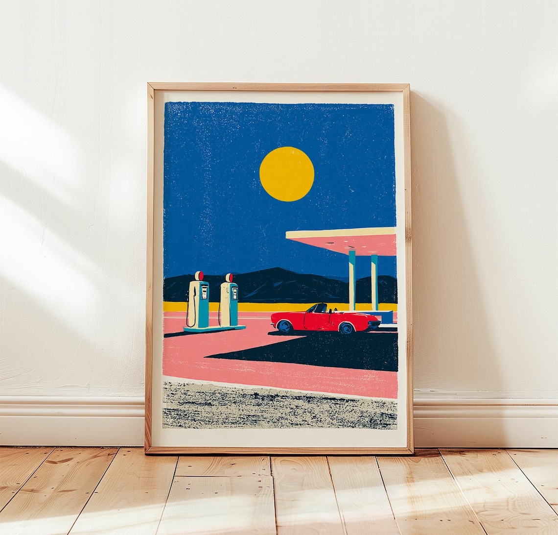 Desert Gas Station Retro Landscape Poster