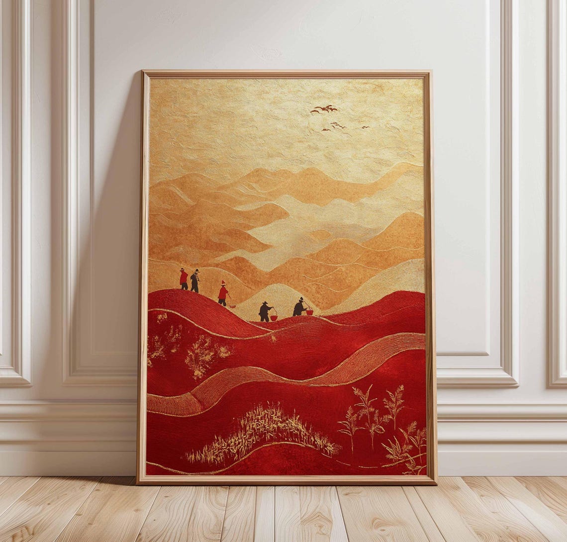Red and Gold Asian Terraced Mountain Harvest Scene Wall Art Decor
