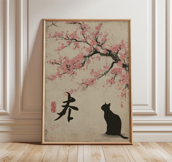 Japanese Cat And Cherry Blossom, Minimalist Art Print