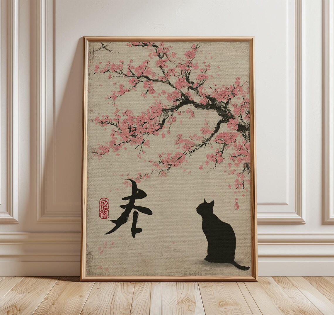 Japanese Cat And Cherry Blossom, Minimalist Art Print