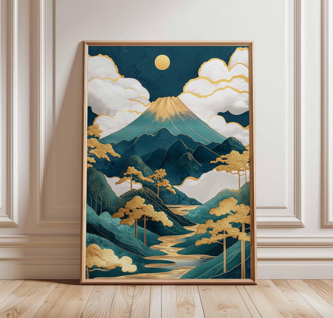 Golden Clouds Over Mt Fuji In Teal And Gold Japanese Art Poster