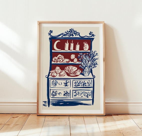 Folk Kitchen Cabinet Poster Navy Red Country Cottage Wall Decor