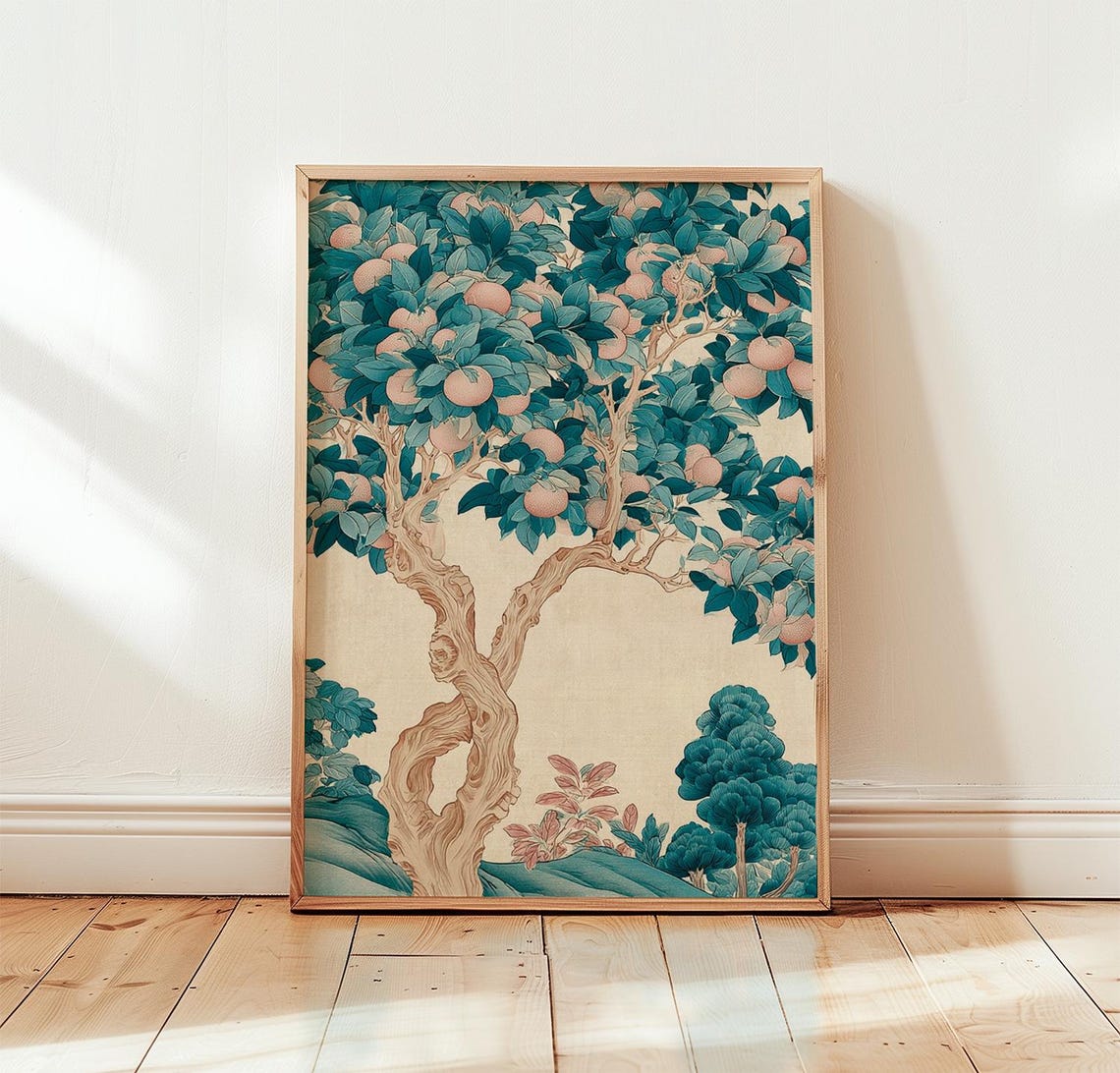 Orange Tree Botanical Illustration Poster With Teal Leaves and Fruit