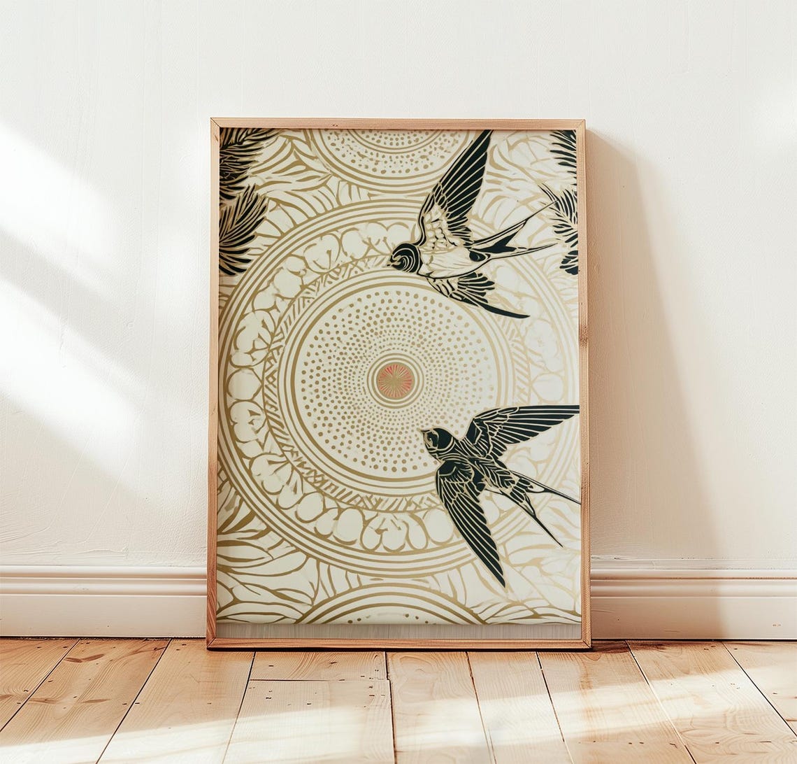 Two Swallows Gold Mandala Poster Neutral Bird Flight Cream Decor