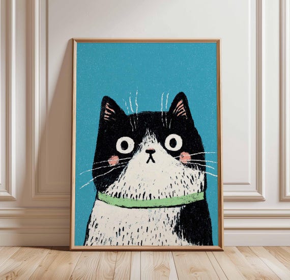 Funny Cat Poster, Black and White Kawaii Pet Portrait