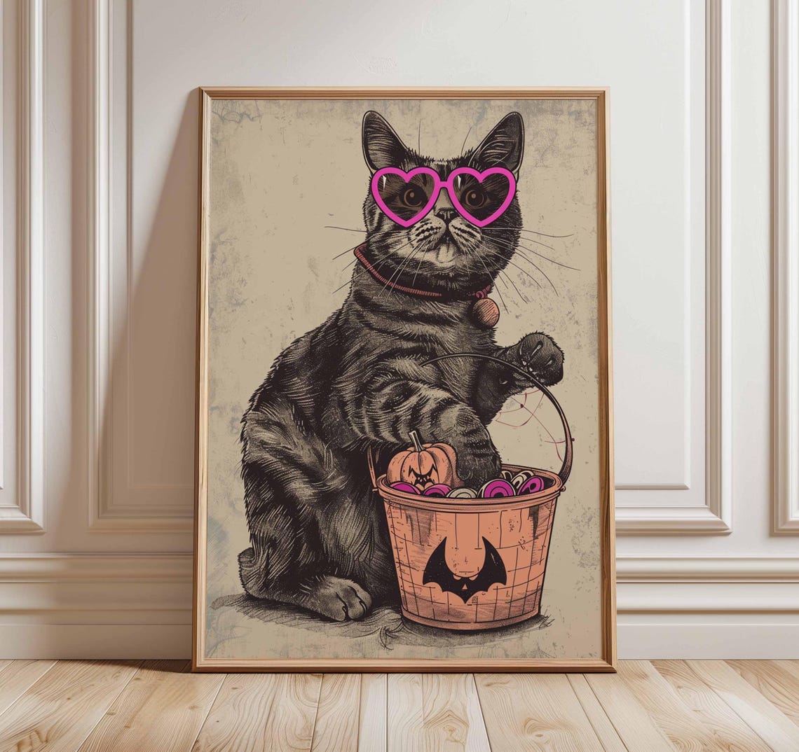 Halloween Cat with Candy Bucket Heart Sunglasses Vintage Poster