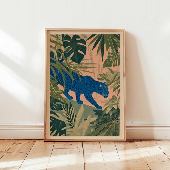 Bold Blue Panther Jungle Print Modern Tropical Animal Wall Art In Retro Silkscreen Style Unframed Poster Decor