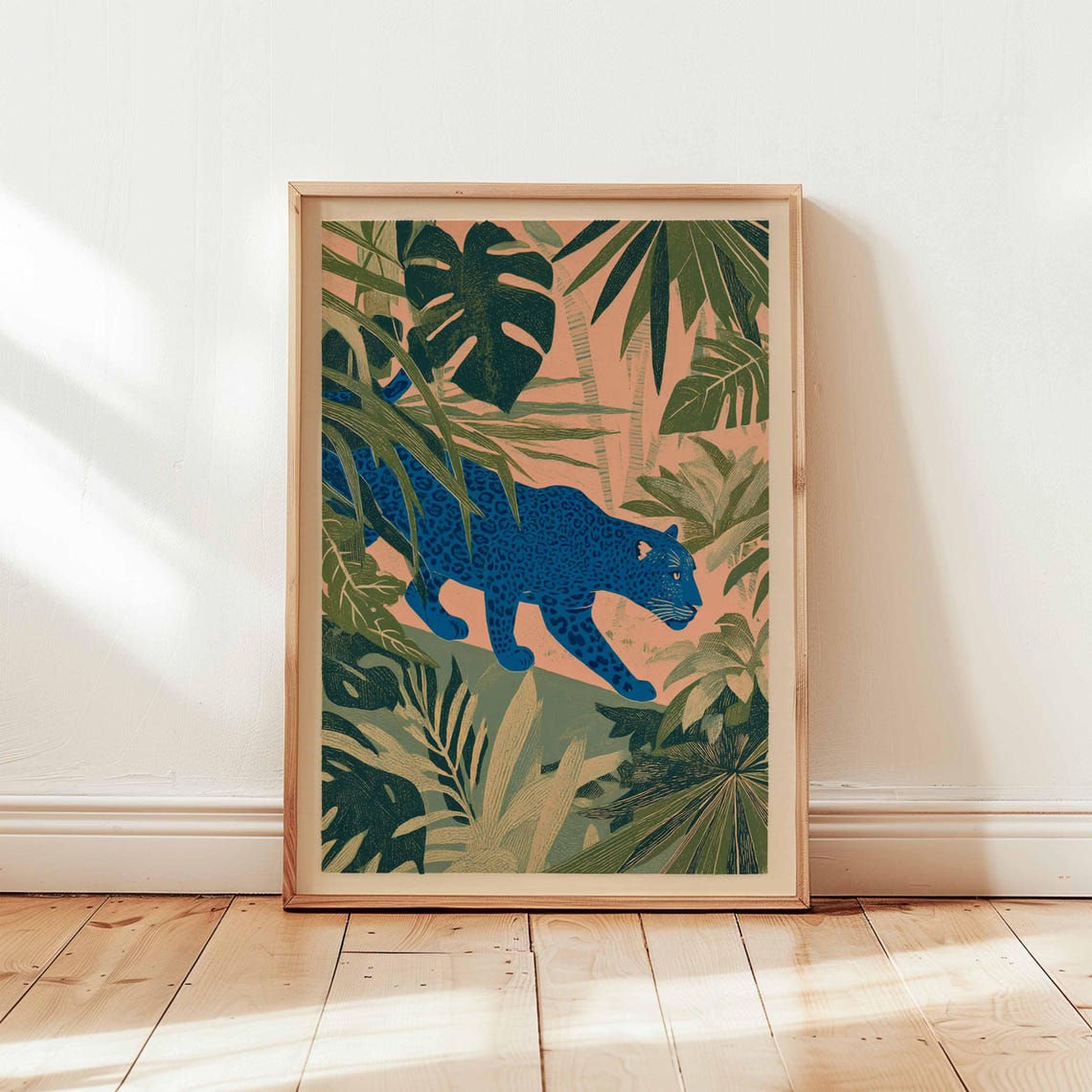 Blue Panther Prowling Through Tropical Jungle Leaf Art Poster