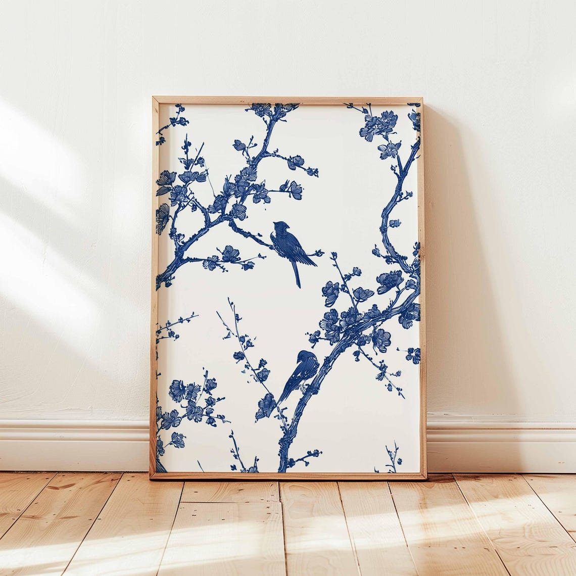 Blue Blossom Branch With Birds Chinese Ink Style Minimalist Art Poster