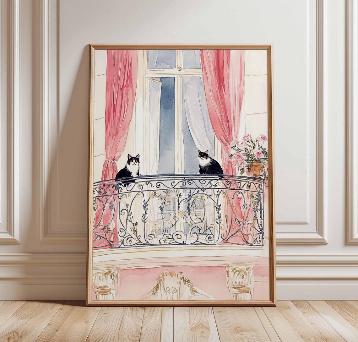 Two Tuxedo Cats On Paris Balcony Pink Curtains Whimsical Poster