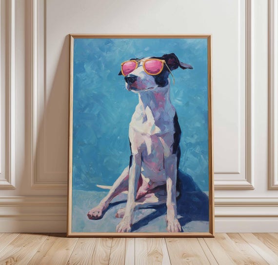 Cool Dog Wall Art Print With Sunglasses Funny Pet Portrait Poster Colorful Modern Painting Whimsical Animal Decor