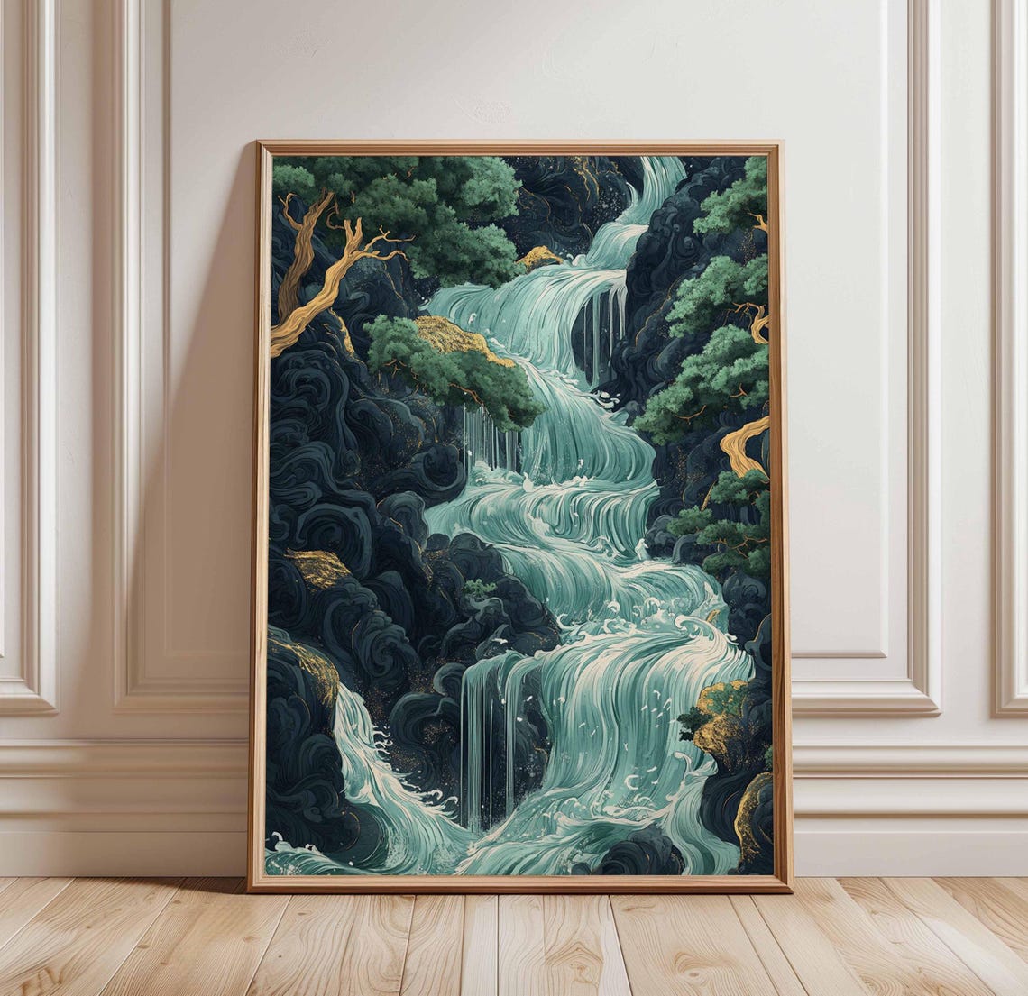 Emerald Waterfall Cascading Through Pines Japanese Art Poster