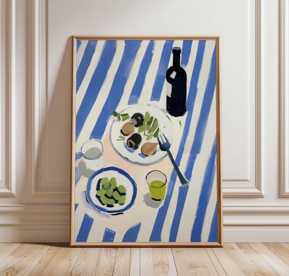 Overhead Mediterranean Wine Fruit And Olives Blue Striped Table Poster