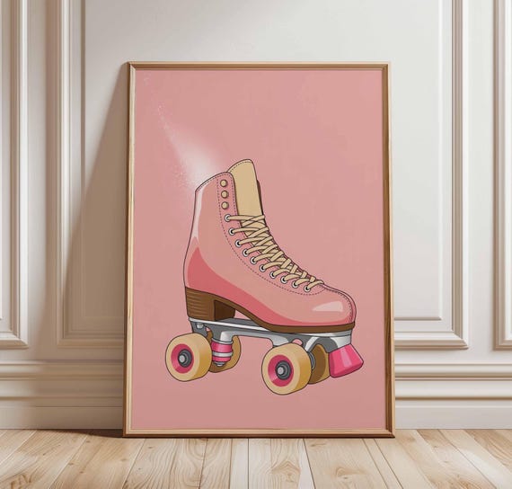Retro Roller Skate Poster Pink Wall Art Print Cute 80s Disco Decor Fun Vintage Skating Illustration Teen Girl Room Artwork