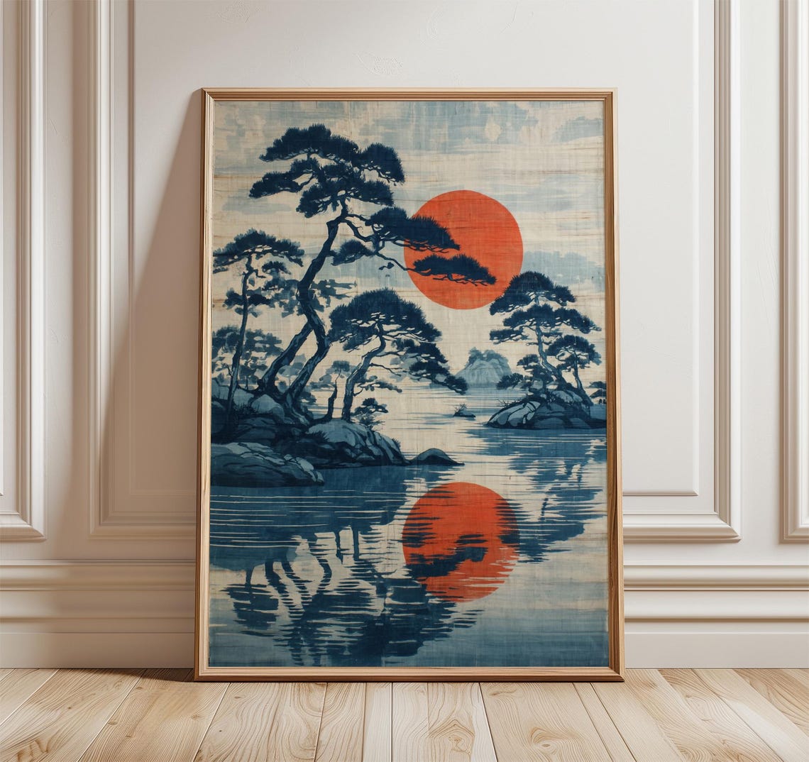 Japanese Ocean Red Sun Indigo Pines Woodblock Lake Reflection Poster